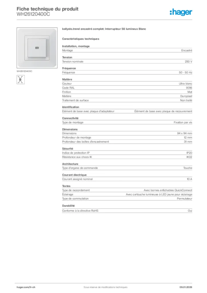 Image Hager Fiche technique du produit WH26120400C | Hager Suisse