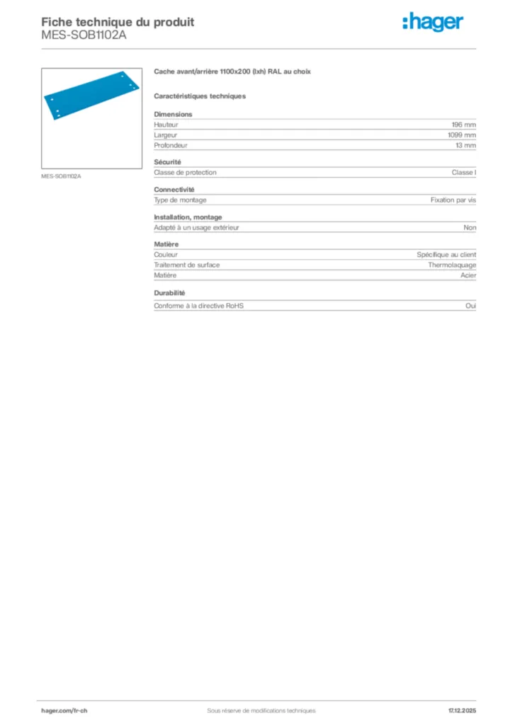 Image Hager Fiche technique du produit MES-SOB1102A | Hager Suisse