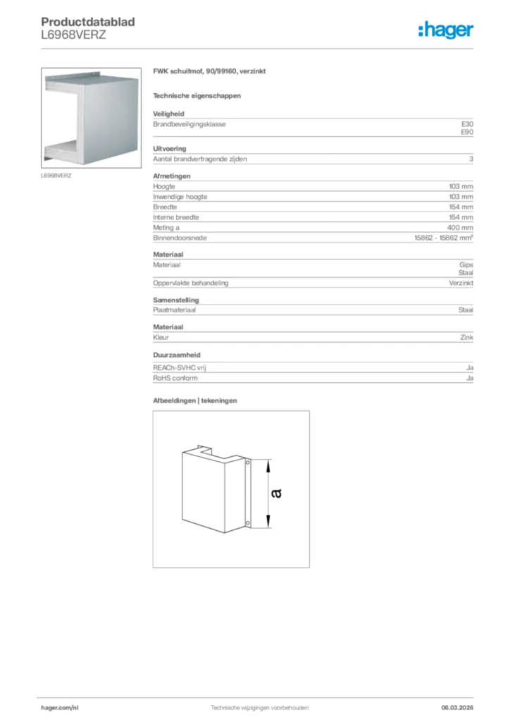 Afbeelding Hager Productdatablad L6968VERZ | Hager Nederland