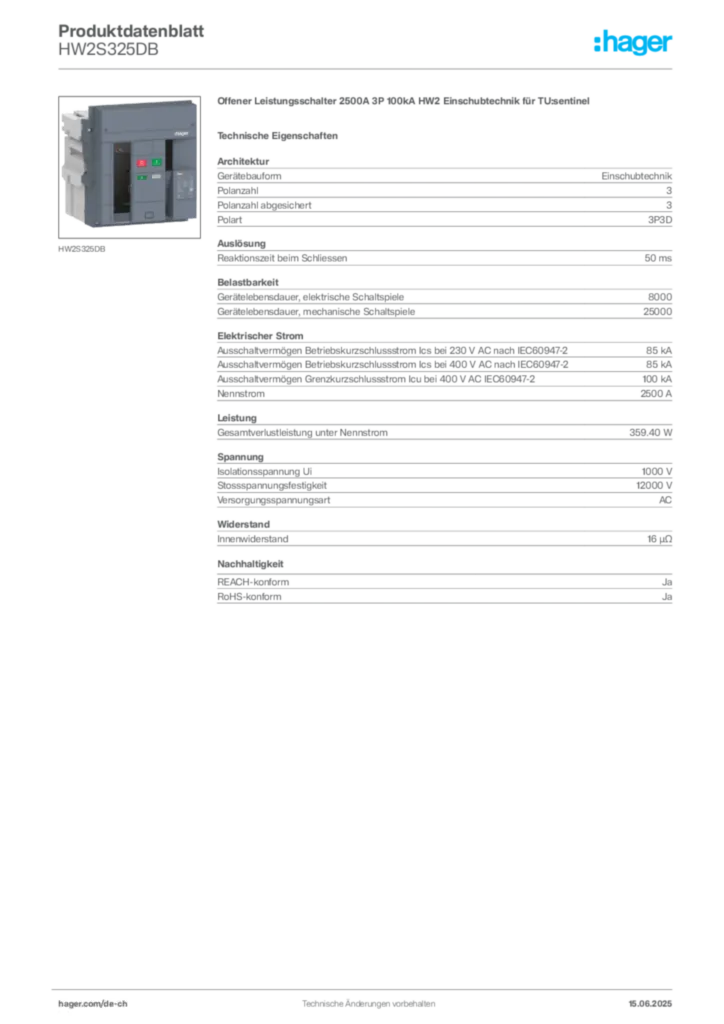 Bild Hager Produktdatenblatt HW2S325DB | Hager Schweiz