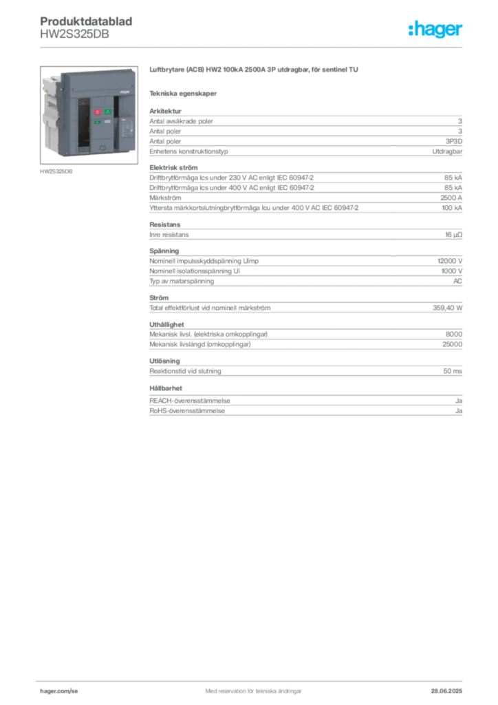 Bild Hager Produktdatablad HW2S325DB | Hager Sverige