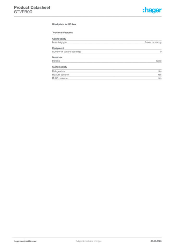 Image Hager Product data sheet GTVPB00  | Hager