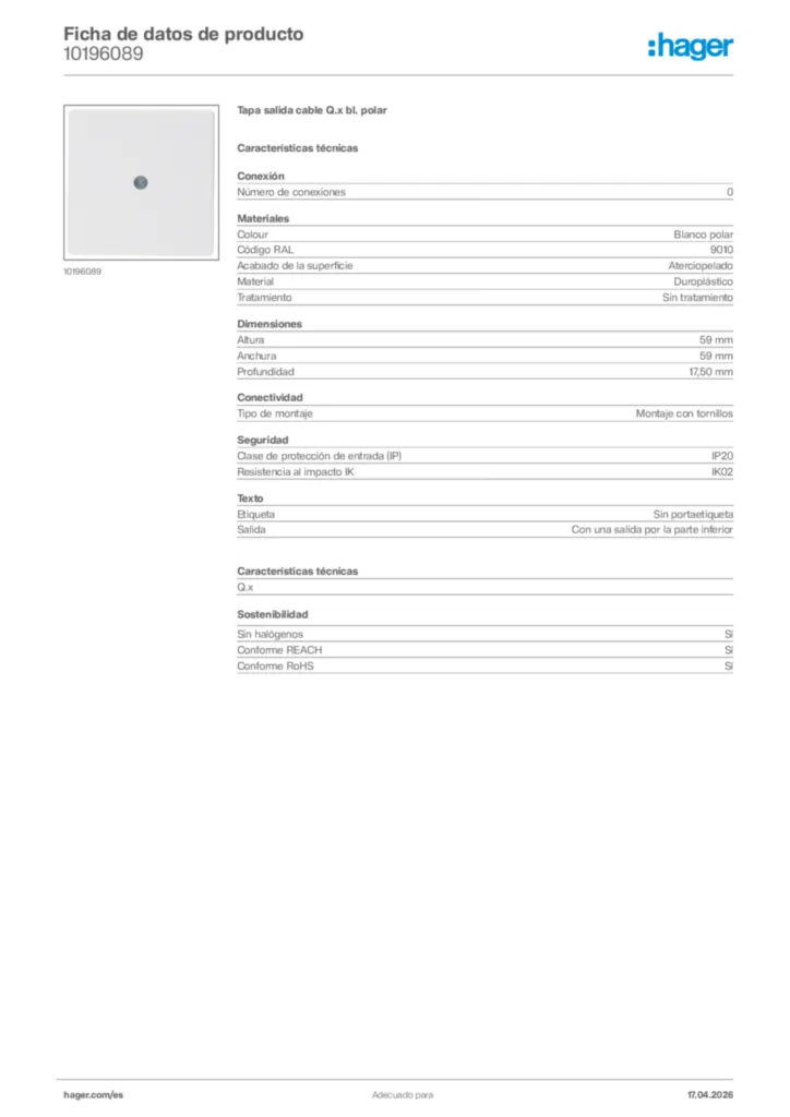 Imagen Hager Ficha de datos de producto 10196089 | Hager España