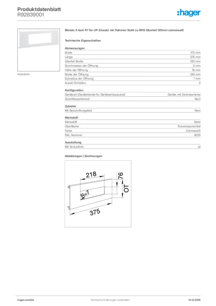 Bild Hager Produktdatenblatt R92839001 | Hager Deutschland