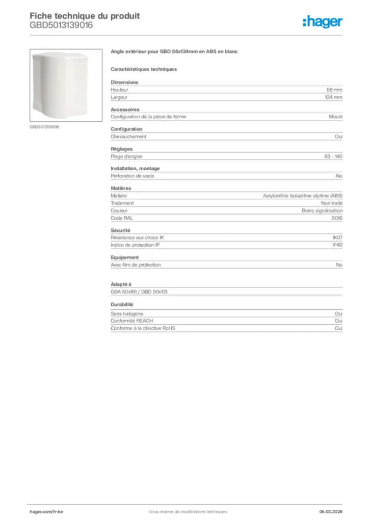 Image Hager Fiche technique du produit GBD5013139016 | Hager Belgique