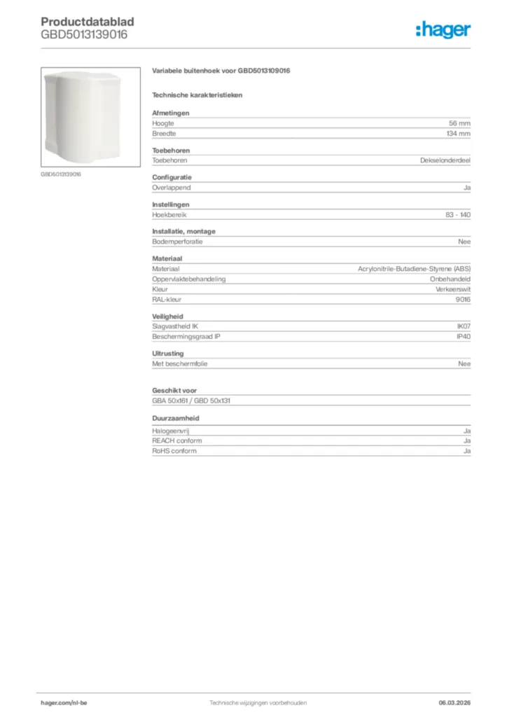 Afbeelding Hager Productdatablad GBD5013139016 | Hager Belgium