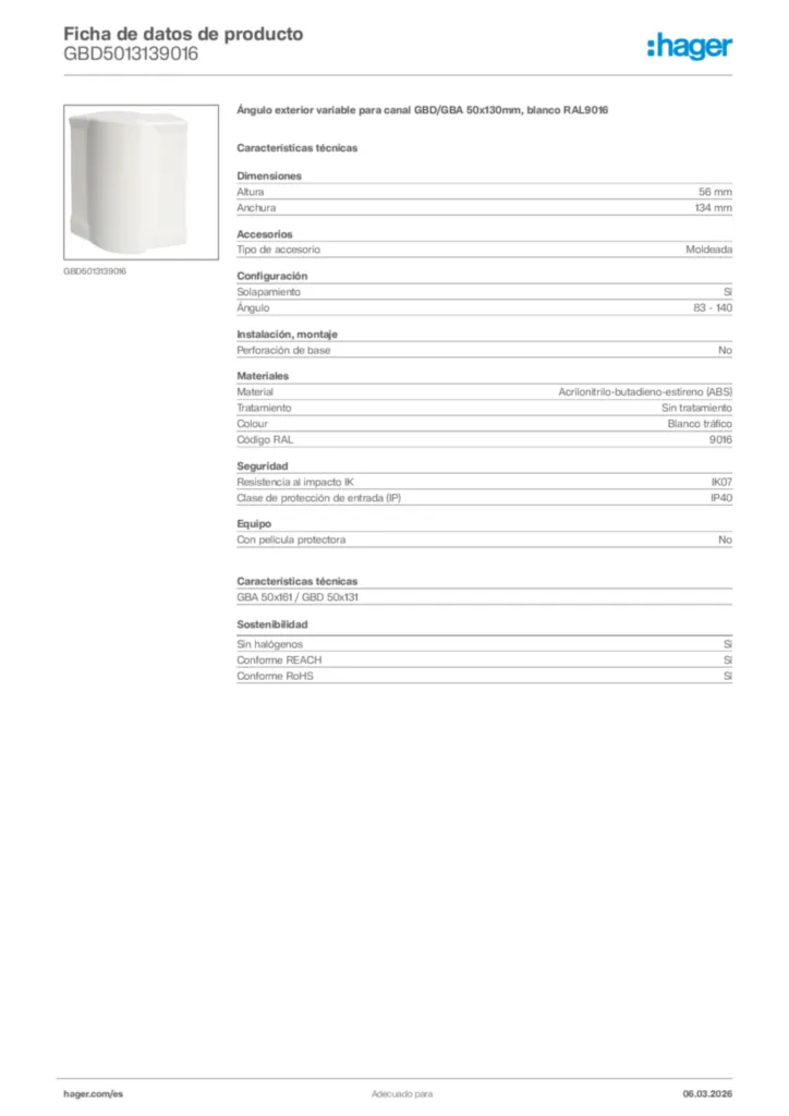 Imagen Hager Ficha de datos de producto GBD5013139016 | Hager España