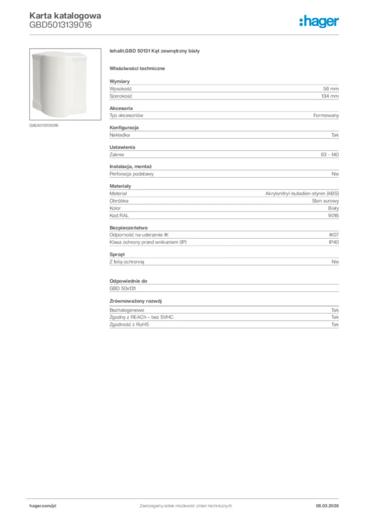 Zdjęcie Hager Karta katalogowa GBD5013139016 | Hager Polska