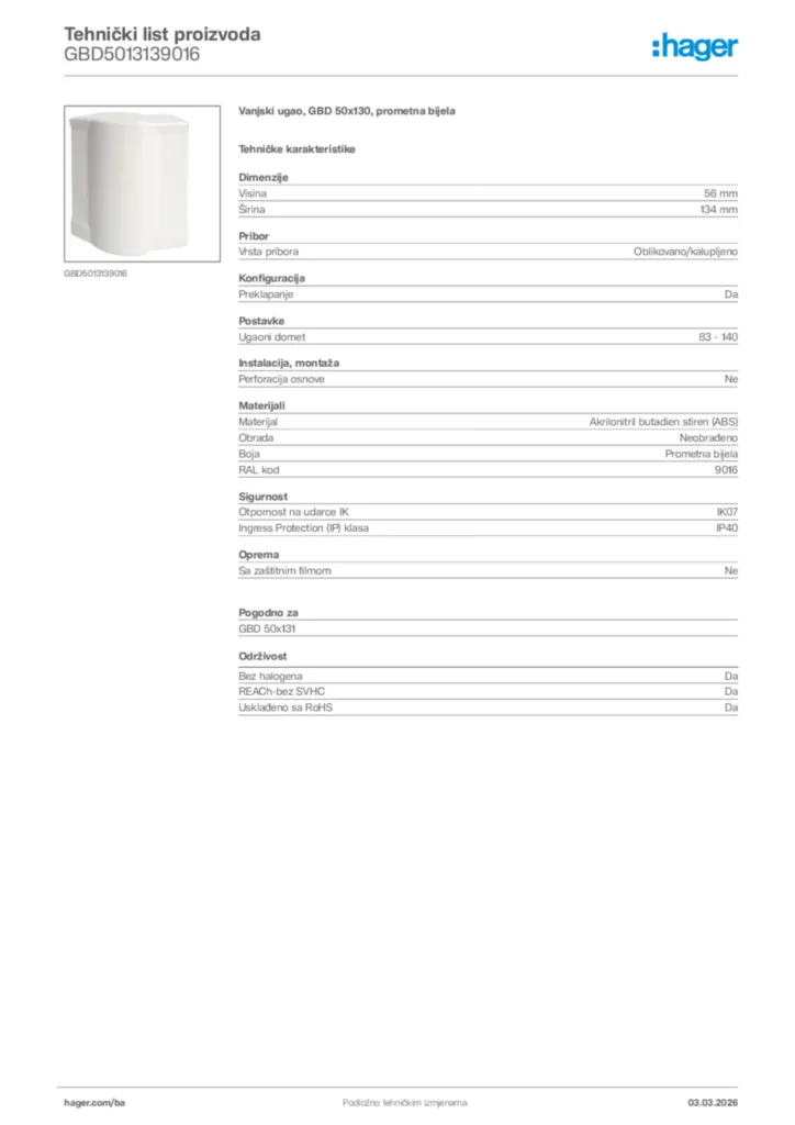 Slika Hager Tehnički list proizvoda GBD5013139016  | Hager