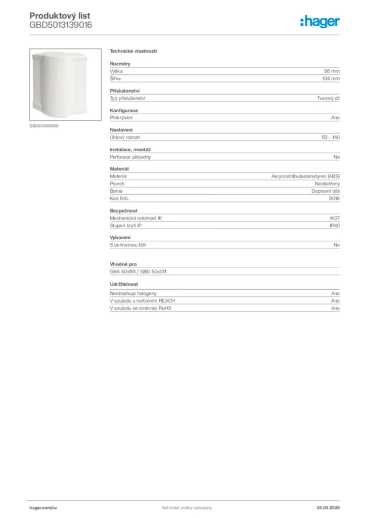 Obrázek Hager Product data sheet GBD5013139016 | Hager