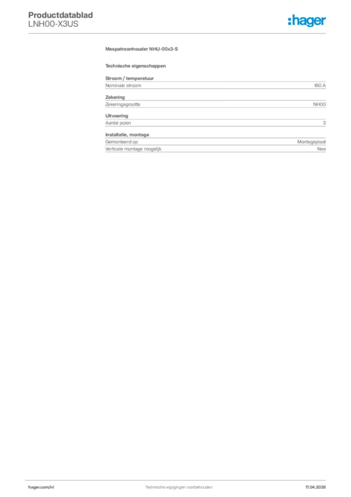 Afbeelding Hager Productdatablad LNH00-X3US | Hager Nederland