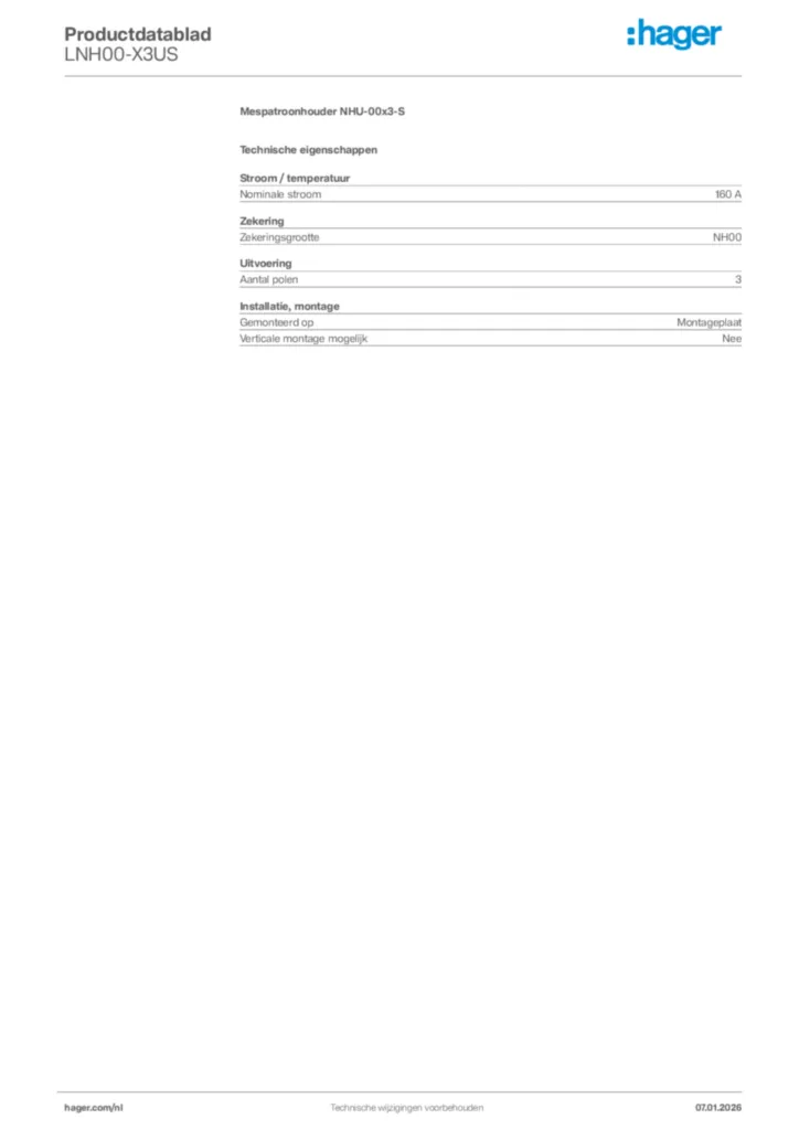 Afbeelding Hager Productdatablad LNH00-X3US | Hager Nederland