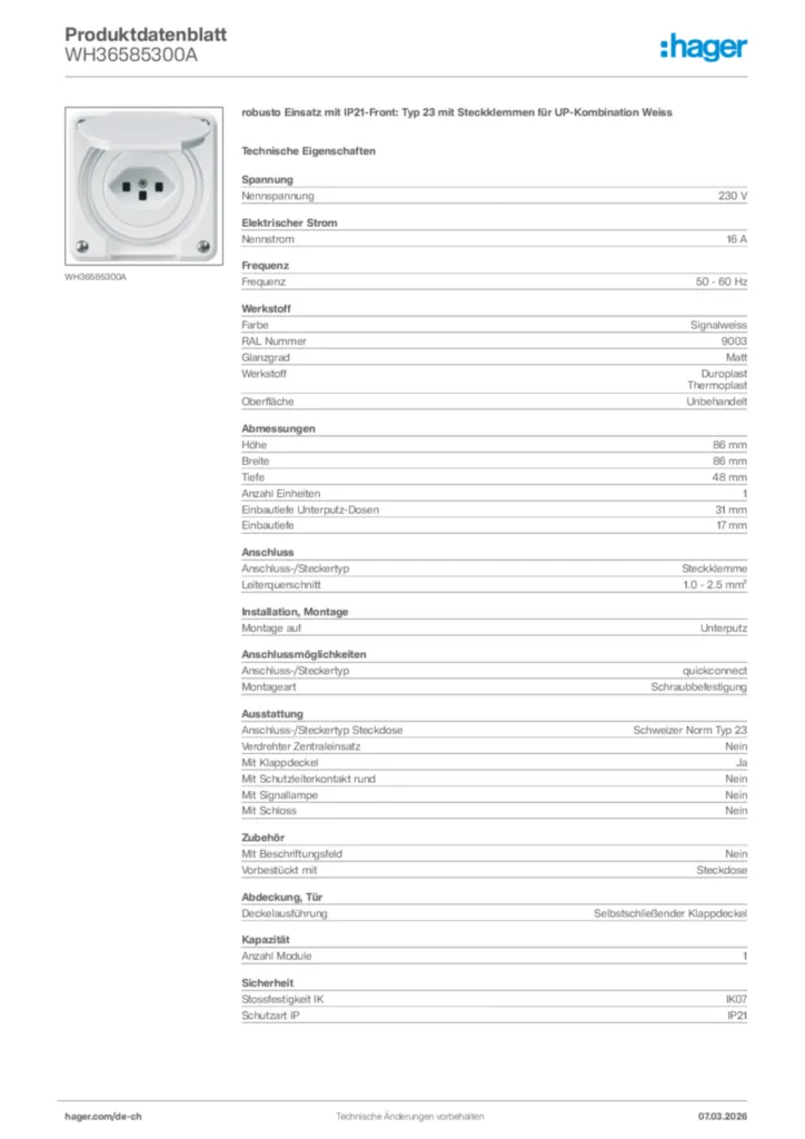 Bild Hager Produktdatenblatt WH36585300A | Hager Schweiz