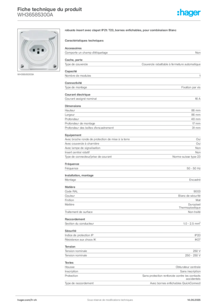 Image Hager Fiche technique du produit WH36585300A | Hager Suisse