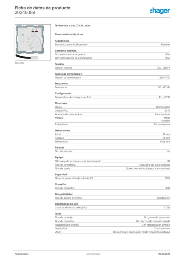 Imagen Hager Ficha de datos de producto 20346089 | Hager España