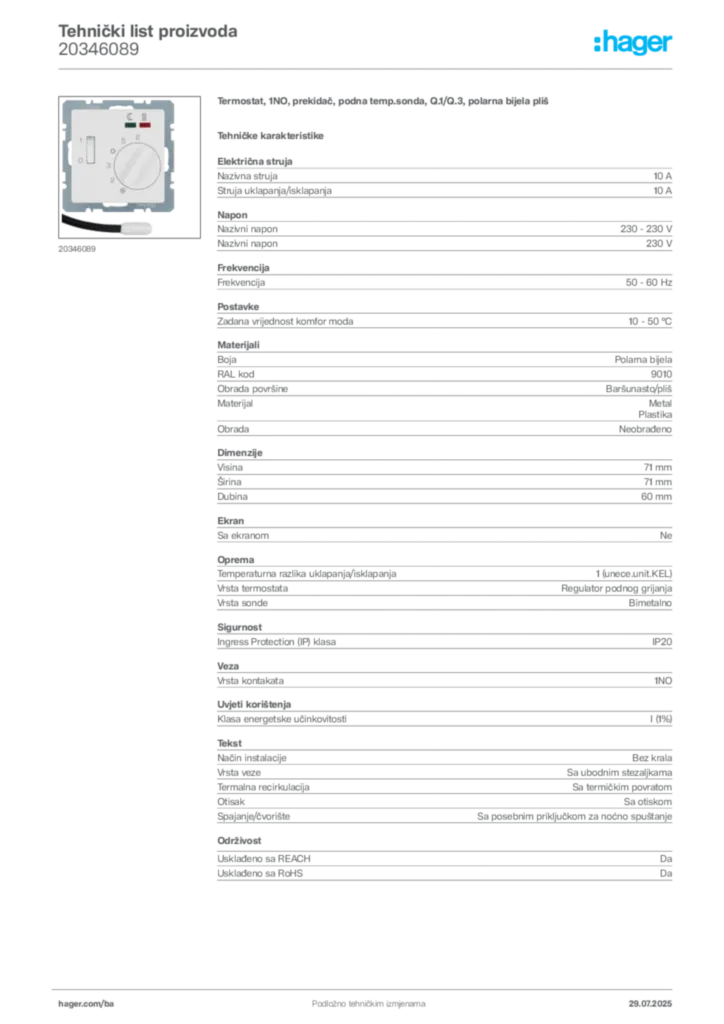 Slika Hager Product data sheet 20346089  | Hager