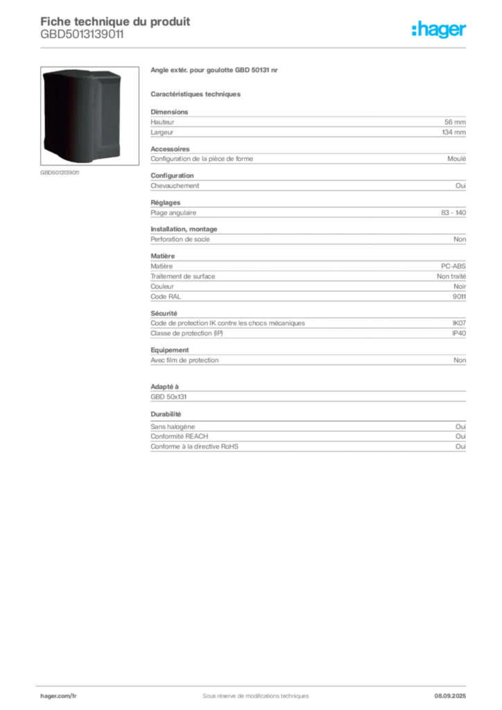 Image Hager Fiche technique du produit GBD5013139011 | Hager France