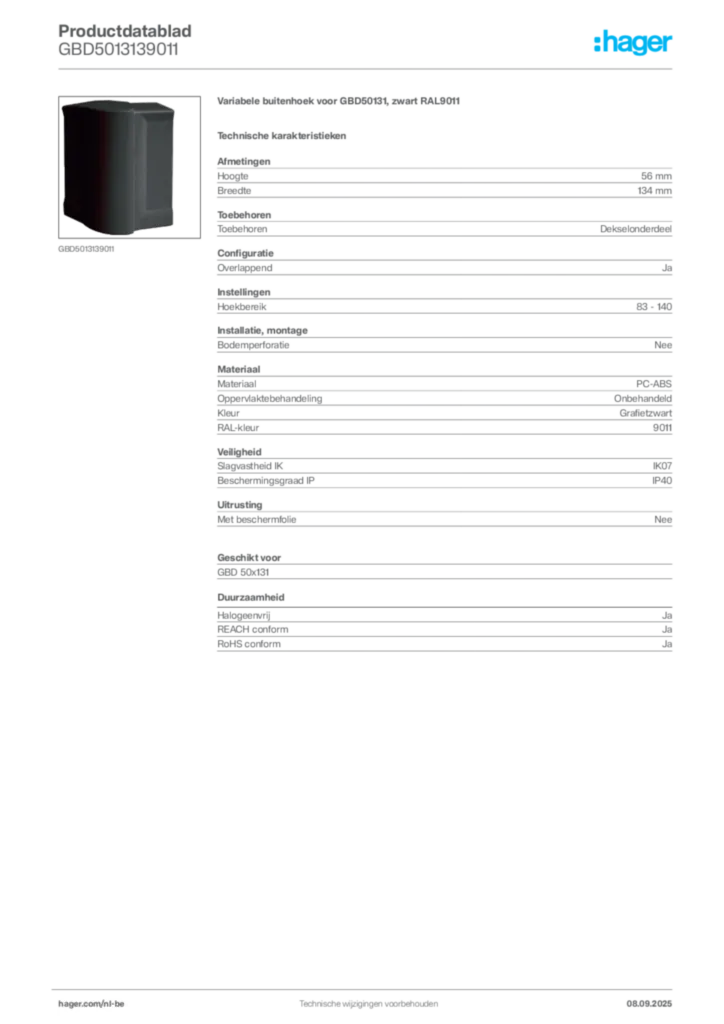 Afbeelding Hager Productdatablad GBD5013139011 | Hager Belgium