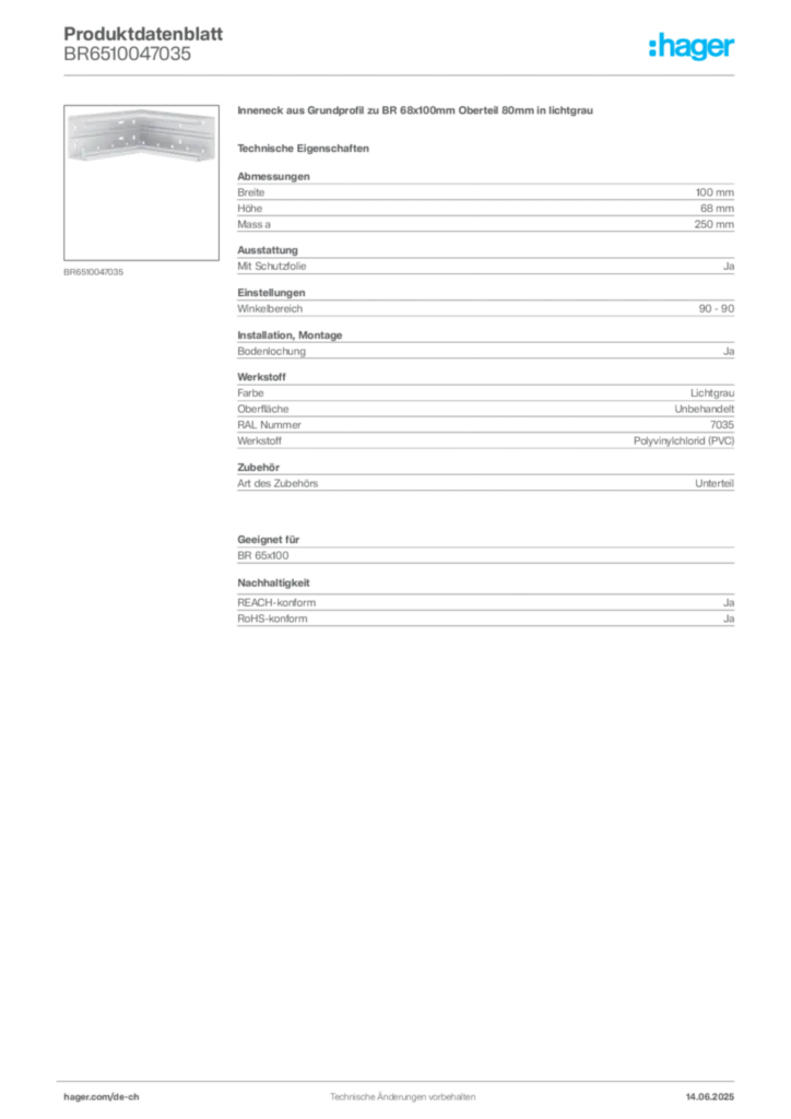 Bild Hager Produktdatenblatt BR6510047035 | Hager Schweiz