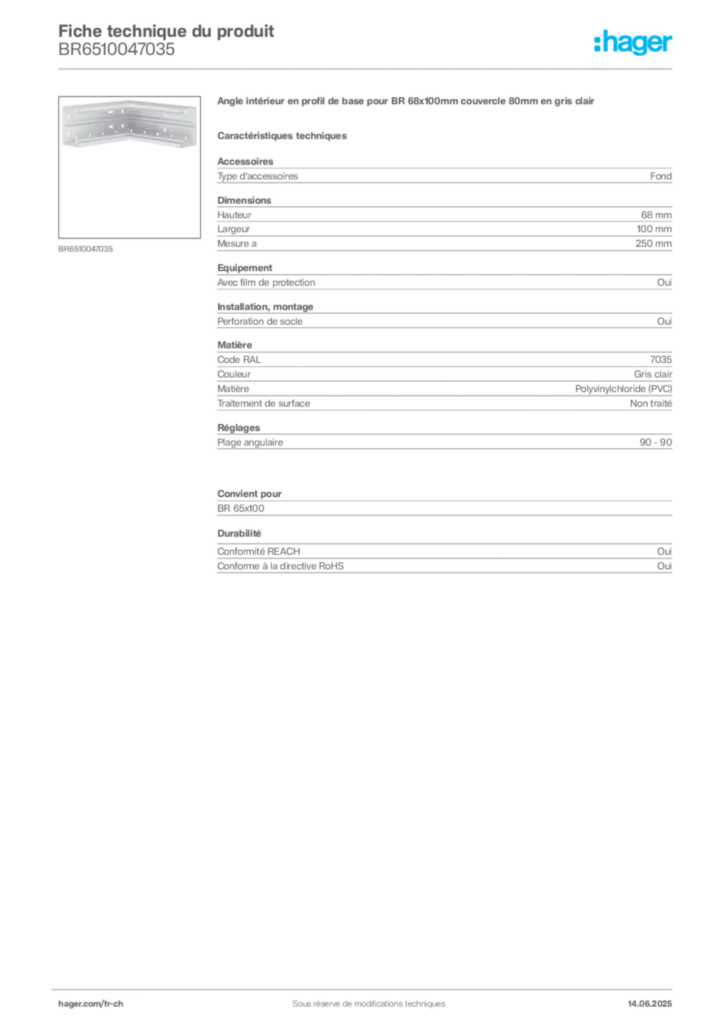 Image Hager Fiche technique du produit BR6510047035 | Hager Suisse