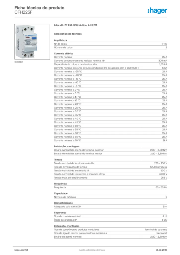Imagem Hager Ficha técnica do produto CFH225F | Hager Portugal
