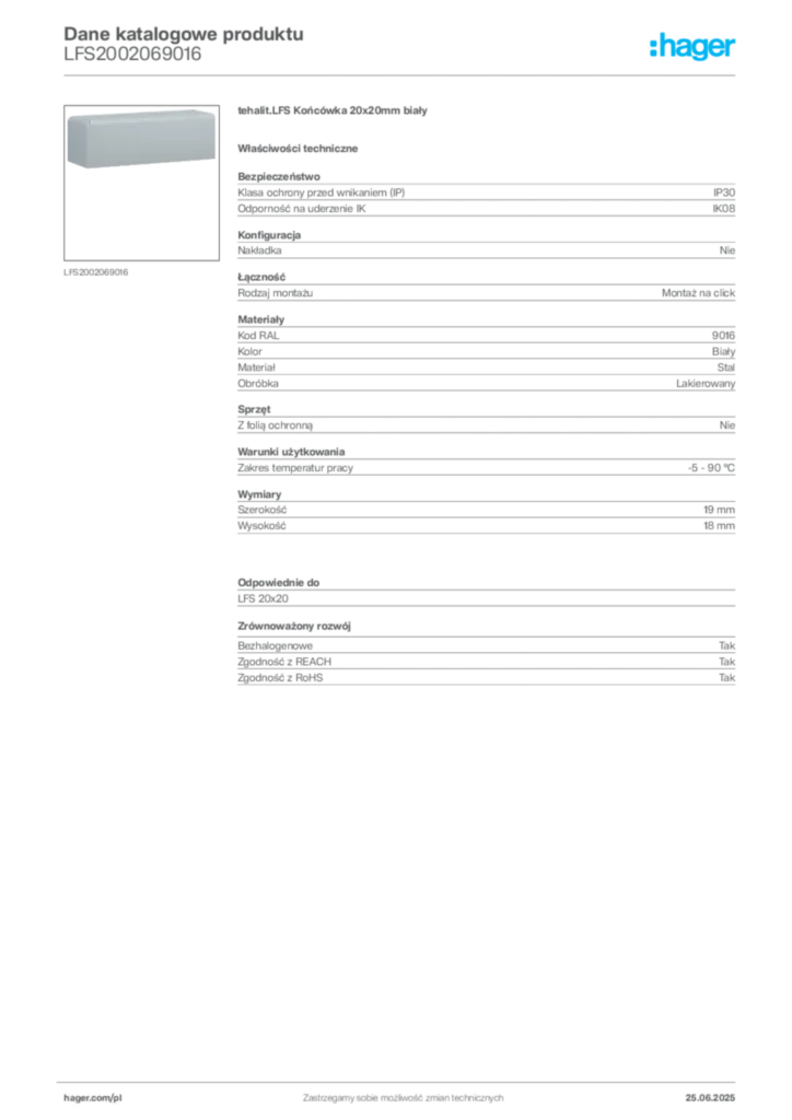 Zdjęcie Hager Karta katalogowa LFS2002069016 | Hager Polska
