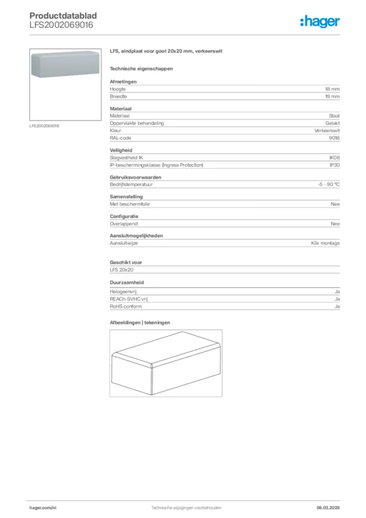 Afbeelding Hager Productdatablad LFS2002069016 | Hager Nederland