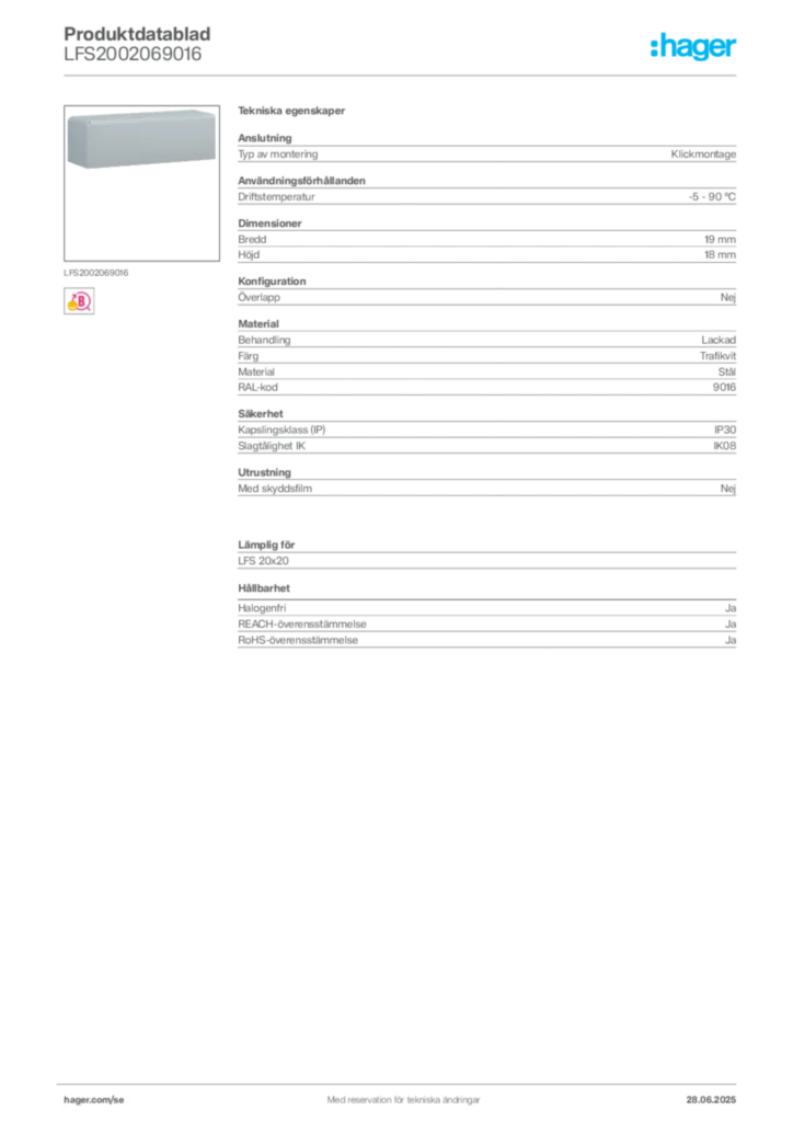 Bild Hager Produktdatablad LFS2002069016 | Hager Sverige
