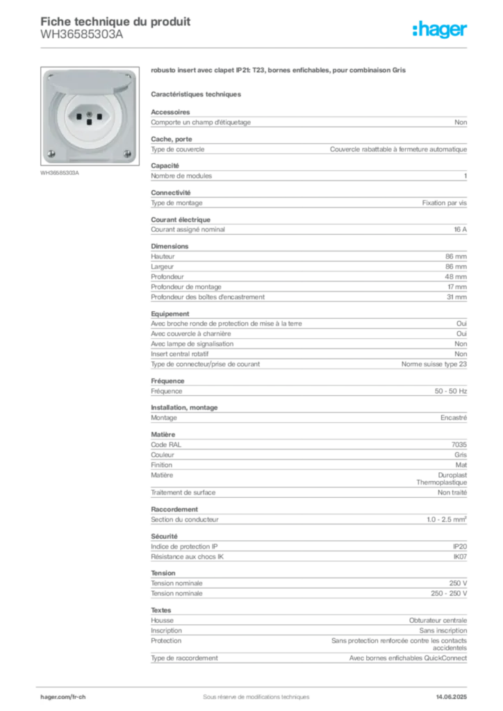 Image Hager Fiche technique du produit WH36585303A | Hager Suisse