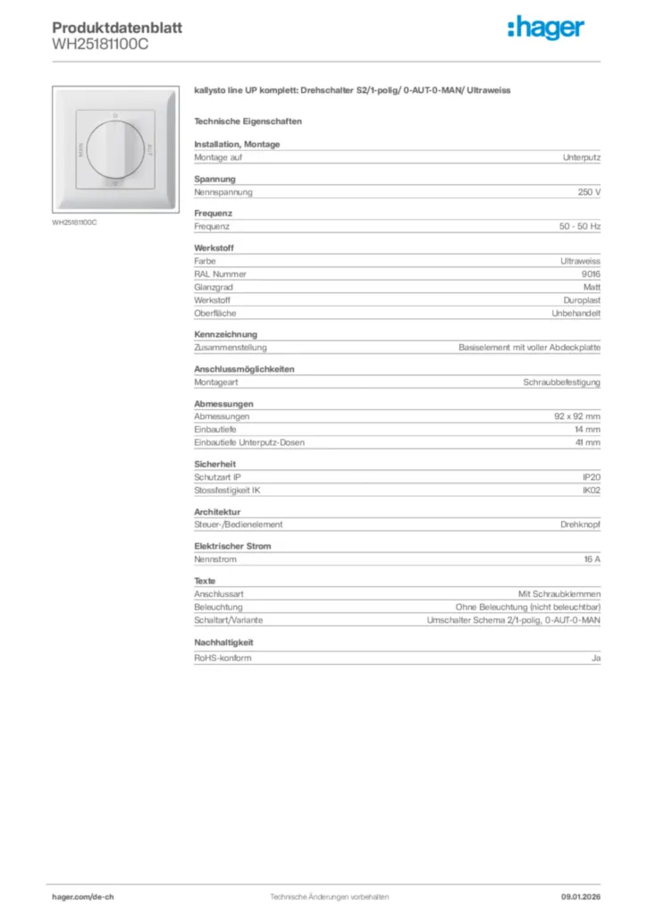 Bild Hager Produktdatenblatt WH25181100C | Hager Schweiz