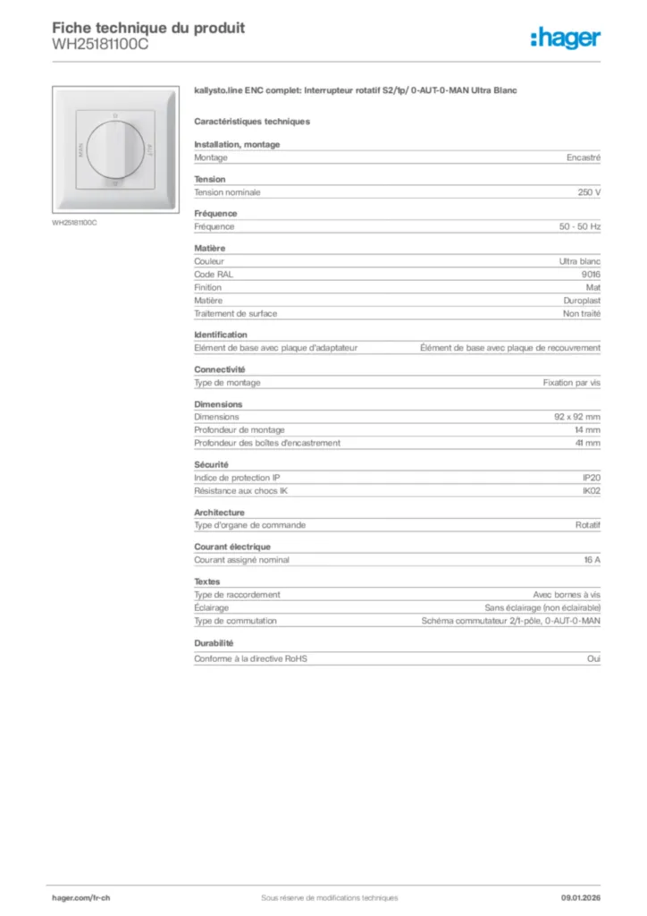 Image Hager Fiche technique du produit WH25181100C | Hager Suisse
