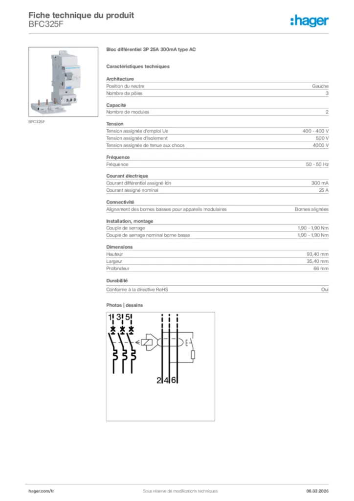 Image Hager Fiche technique du produit BFC325F | Hager France