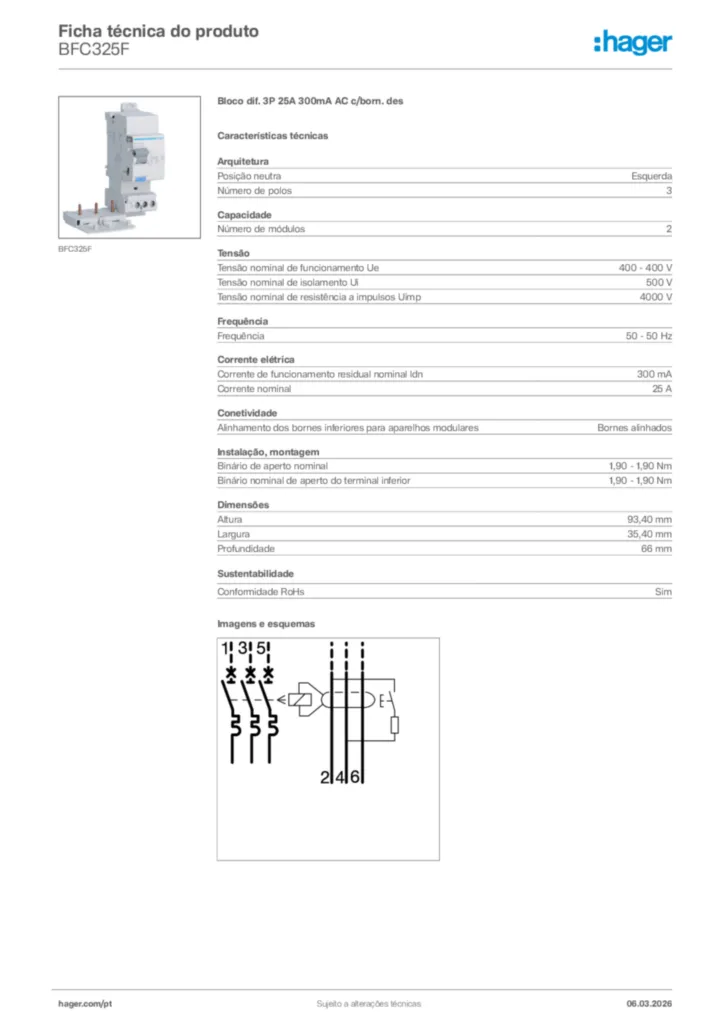 Imagem Hager Ficha técnica do produto BFC325F | Hager Portugal