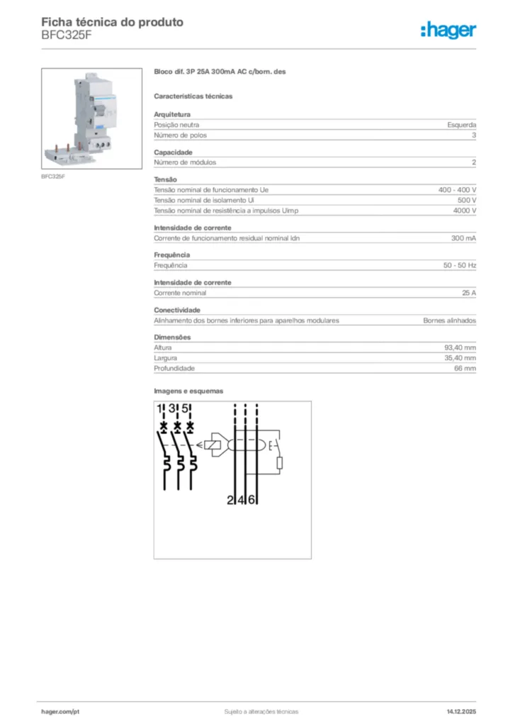 Imagem Hager Ficha técnica do produto BFC325F | Hager Portugal
