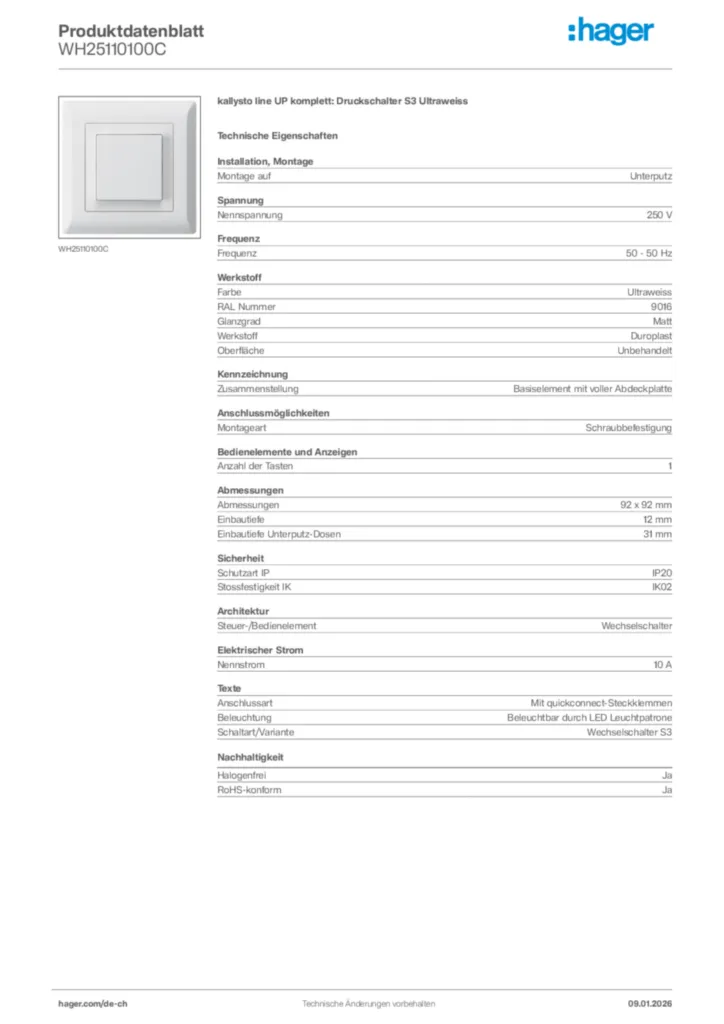 Bild Hager Produktdatenblatt WH25110100C | Hager Schweiz