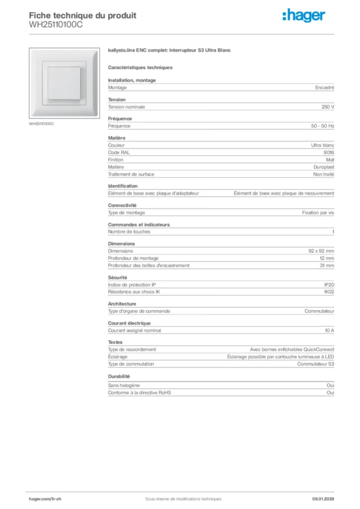 Image Hager Fiche technique du produit WH25110100C | Hager Suisse