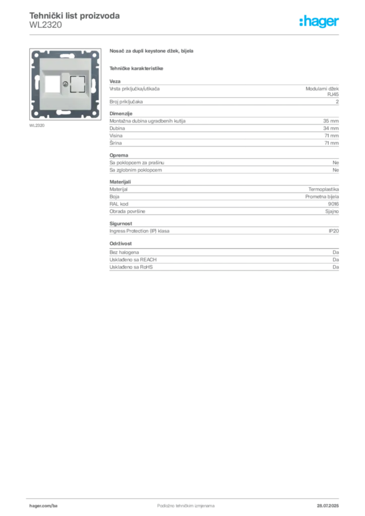Slika Hager Product data sheet WL2320  | Hager