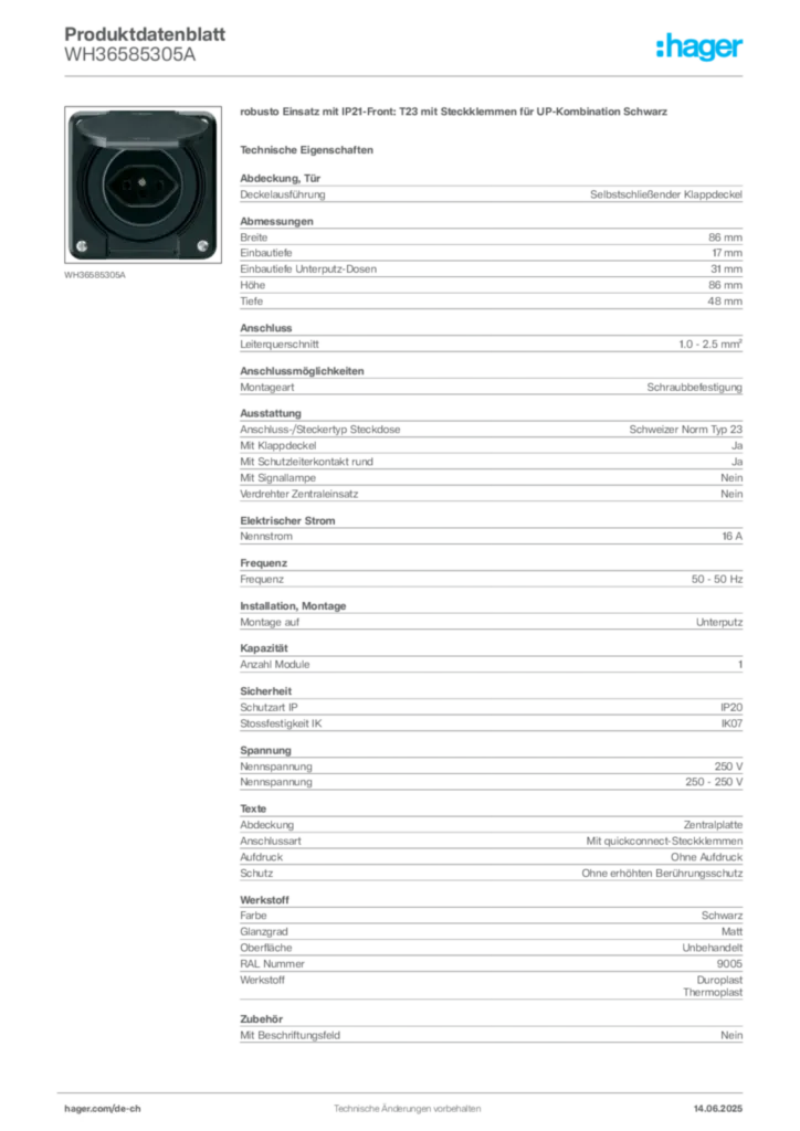 Bild Hager Produktdatenblatt WH36585305A | Hager Schweiz