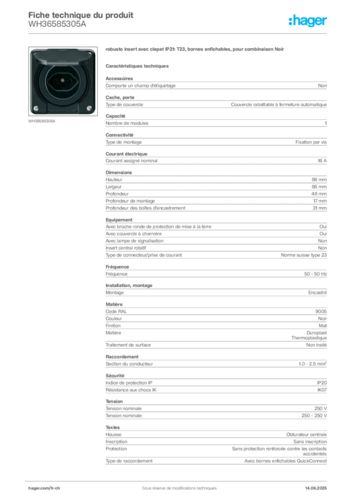 Image Hager Fiche technique du produit WH36585305A | Hager Suisse