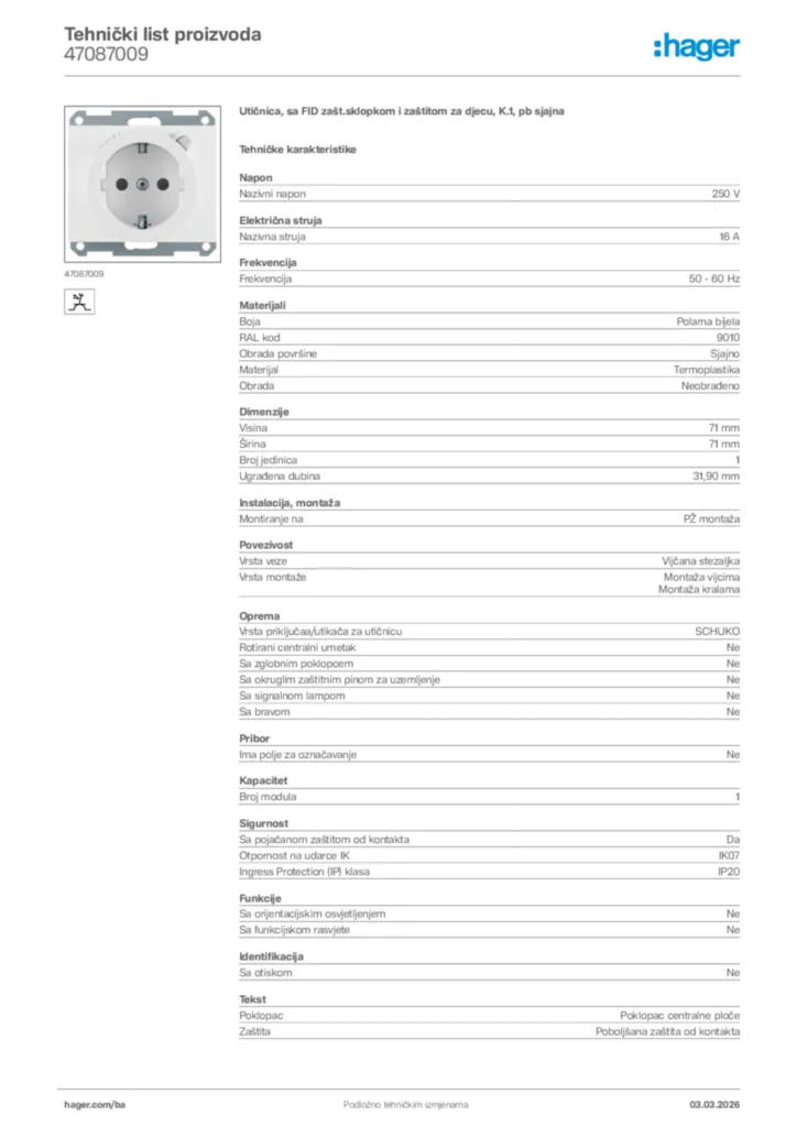 Slika Hager Tehnički list proizvoda 47087009  | Hager