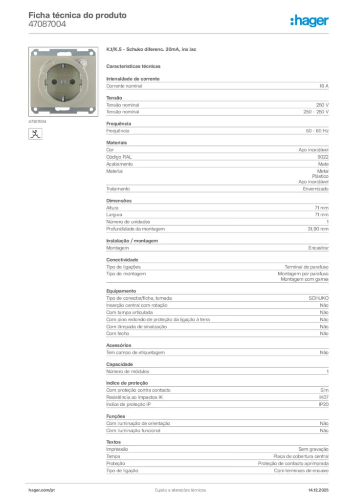 Imagem Hager Ficha técnica do produto 47087004 | Hager Portugal