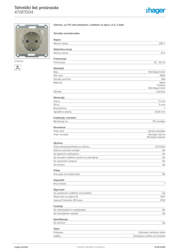 Slika Hager Tehnički list proizvoda 47087004  | Hager