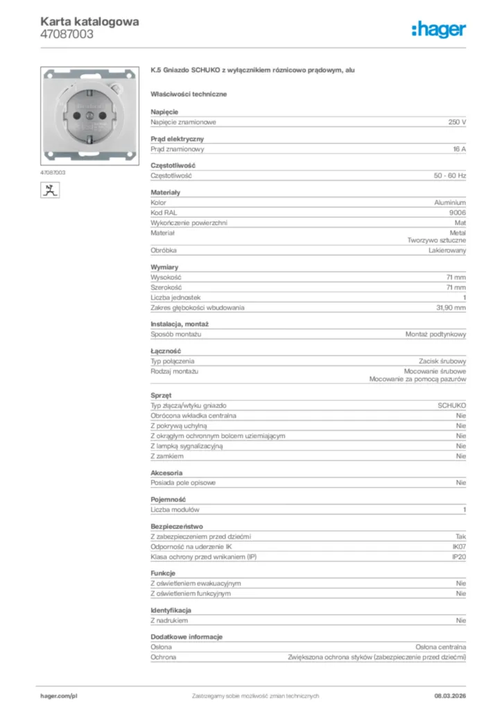 Zdjęcie Hager Karta katalogowa 47087003 | Hager Polska