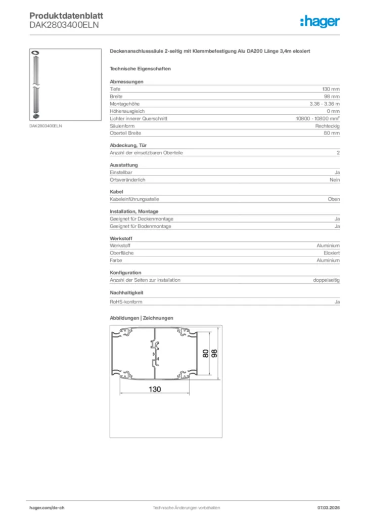 Bild Hager Produktdatenblatt DAK2803400ELN | Hager Schweiz