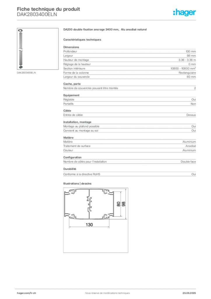 Image Hager Fiche technique du produit DAK2803400ELN | Hager Suisse