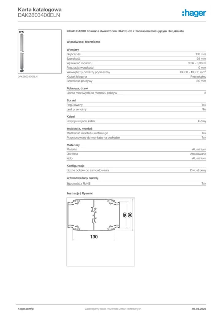 Zdjęcie Hager Karta katalogowa DAK2803400ELN | Hager Polska
