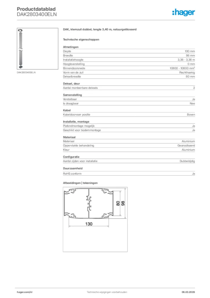 Afbeelding Hager Productdatablad DAK2803400ELN | Hager Nederland
