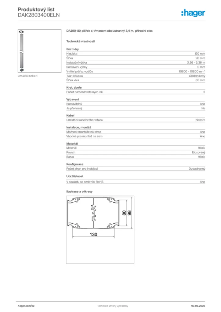 Obrázek Hager Product data sheet DAK2803400ELN | Hager