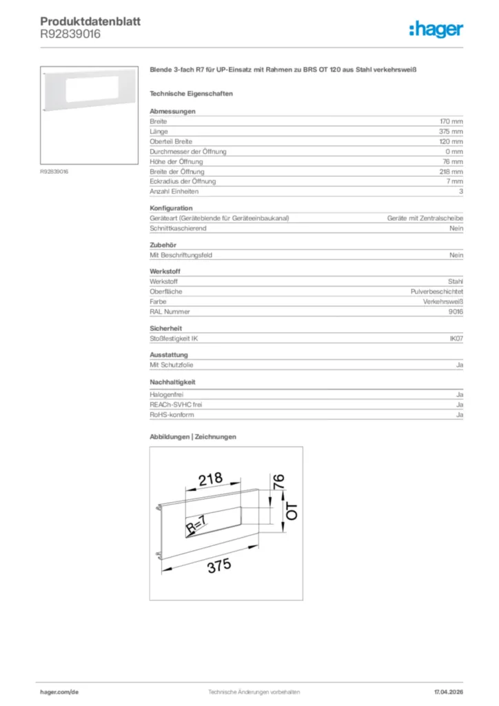 Bild Hager Produktdatenblatt R92839016 | Hager Deutschland