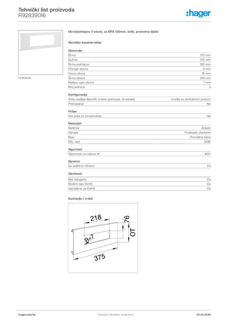 Slika Hager Tehnički list proizvoda R92839016  | Hager